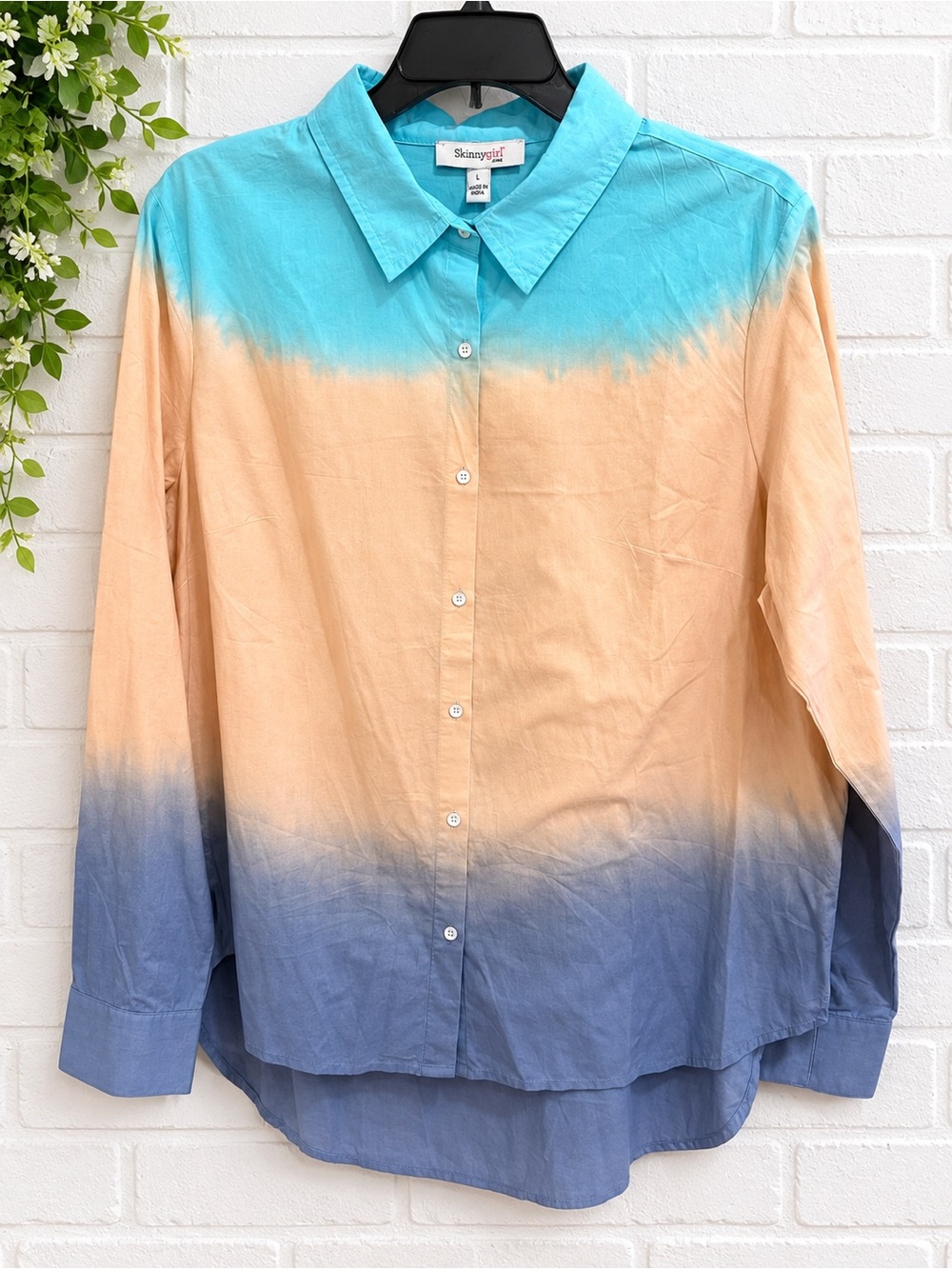 Skinnygirl Ombre Button-Down Shirt in Aqua, Peach & Blue-Gray